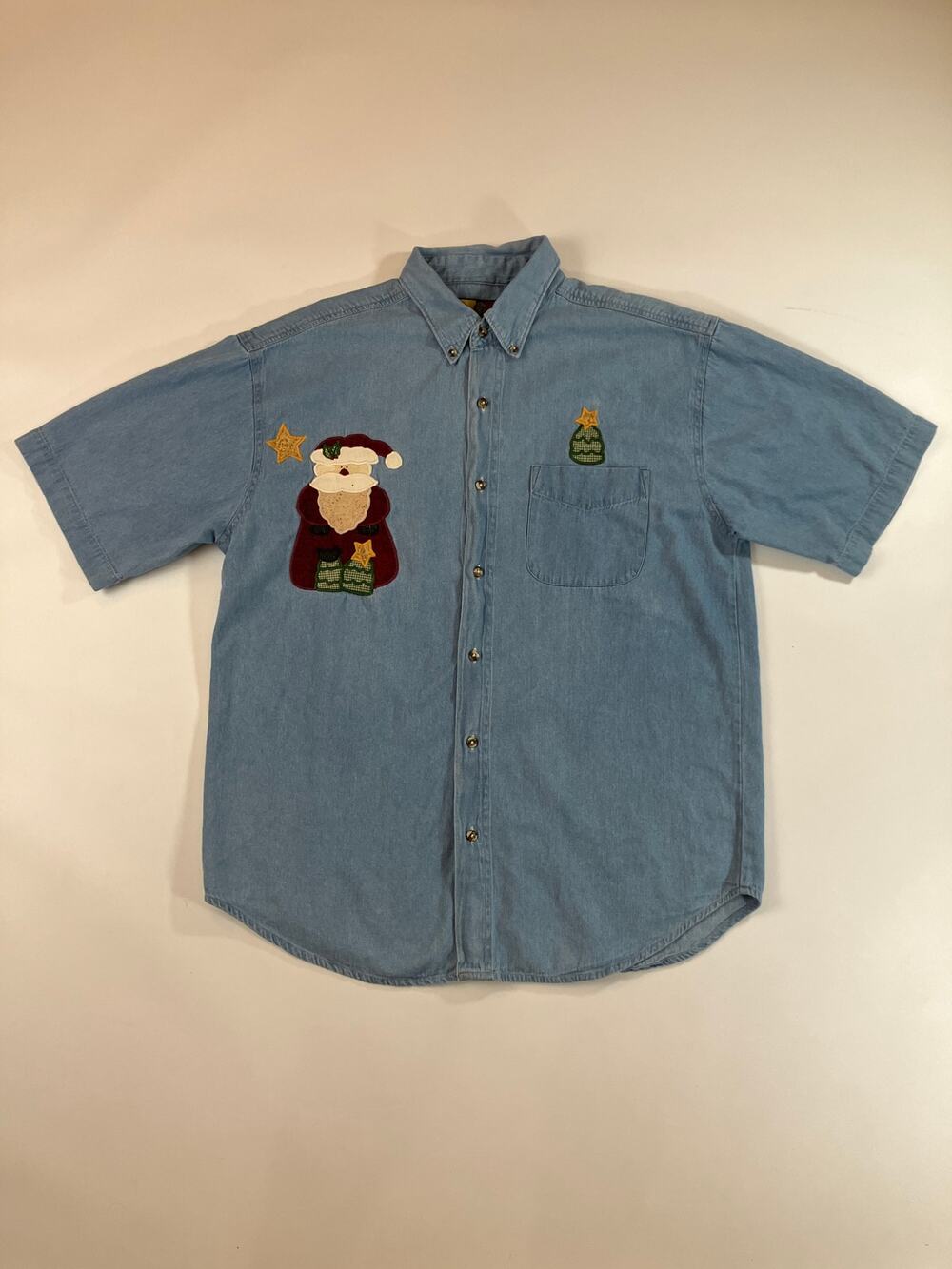 Vintage Camp Creek Men L Santa Christmas Denim Shirt 100% Cotton Applique Nepal
